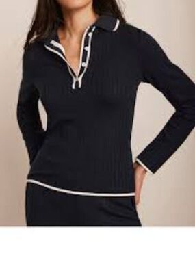 Mint Velvet Black Ivory Trim Ribbed Knit Polo Top L Long Sleeve Collared NWT